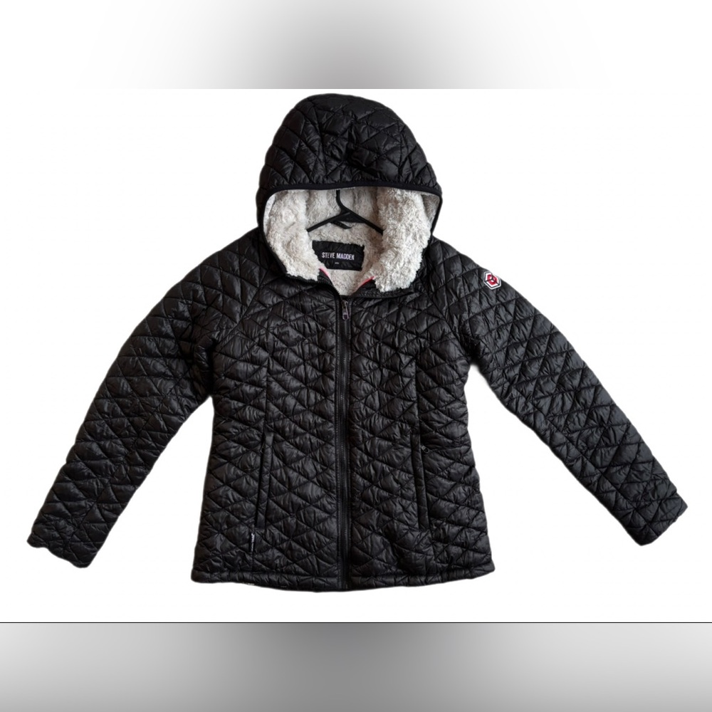 Steve Madden GlacierShield Quilted Hooded Jacket Sherpa Lined Black Size Medium